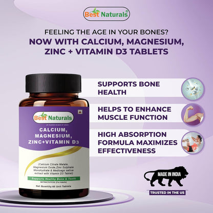 Best Naturals Calcium Magnesium Zinc with Vitamin D3 – 60 Tablets – 2-Month Supply Trusted Brand from USA