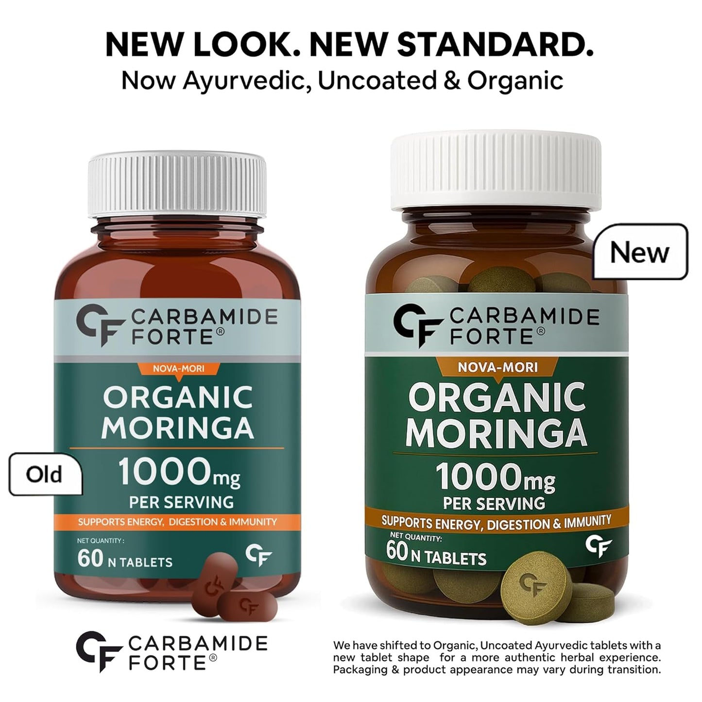 Two bottles of Carbamide Forte Organic Moringa with labels indicating a new look and standard.