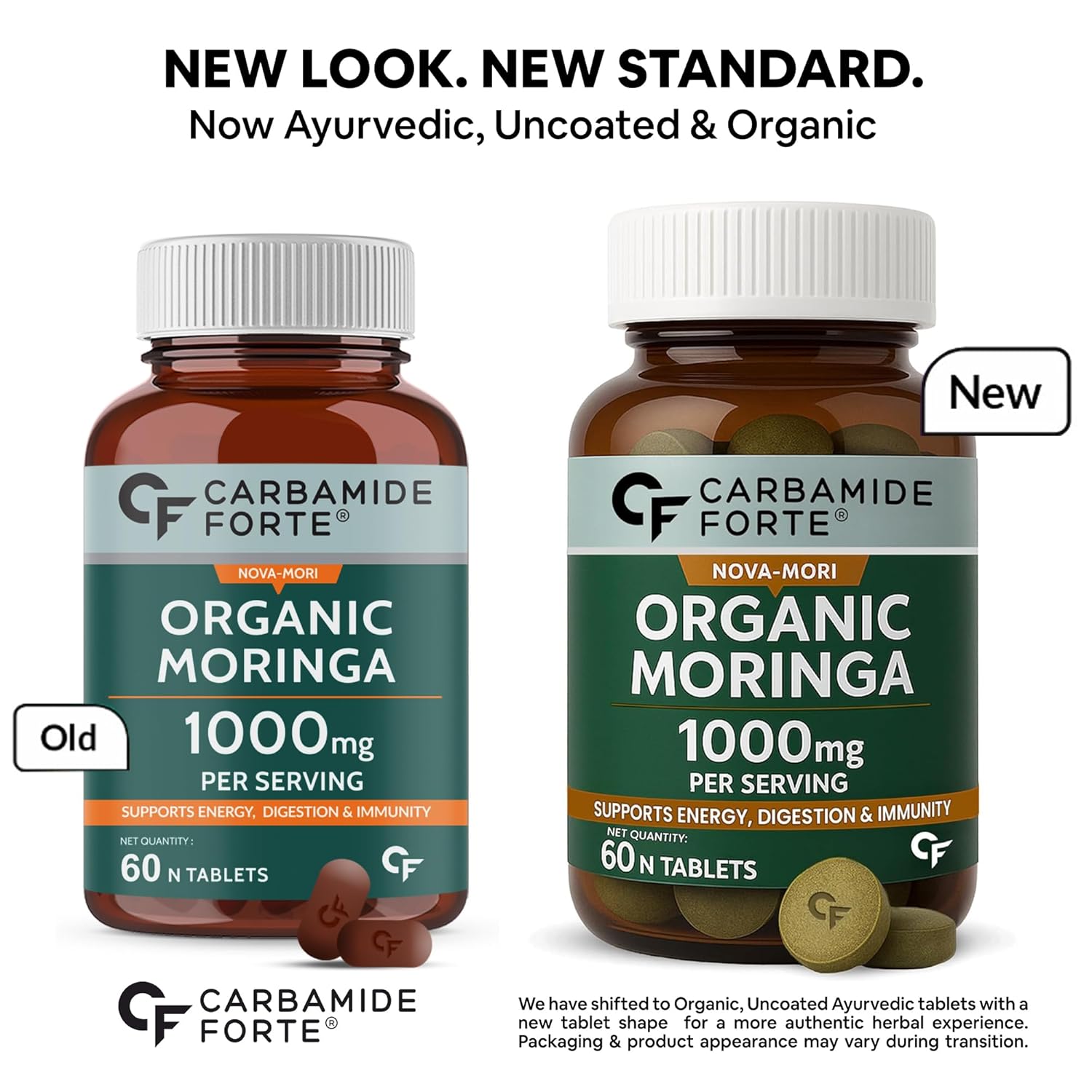 Two bottles of Carbamide Forte Organic Moringa with labels indicating a new look and standard.