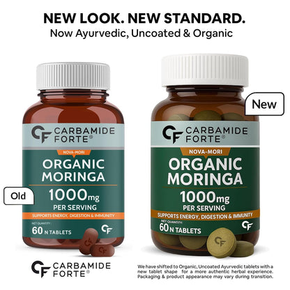 Two bottles of Carbamide Forte Organic Moringa with labels indicating a new look and standard.