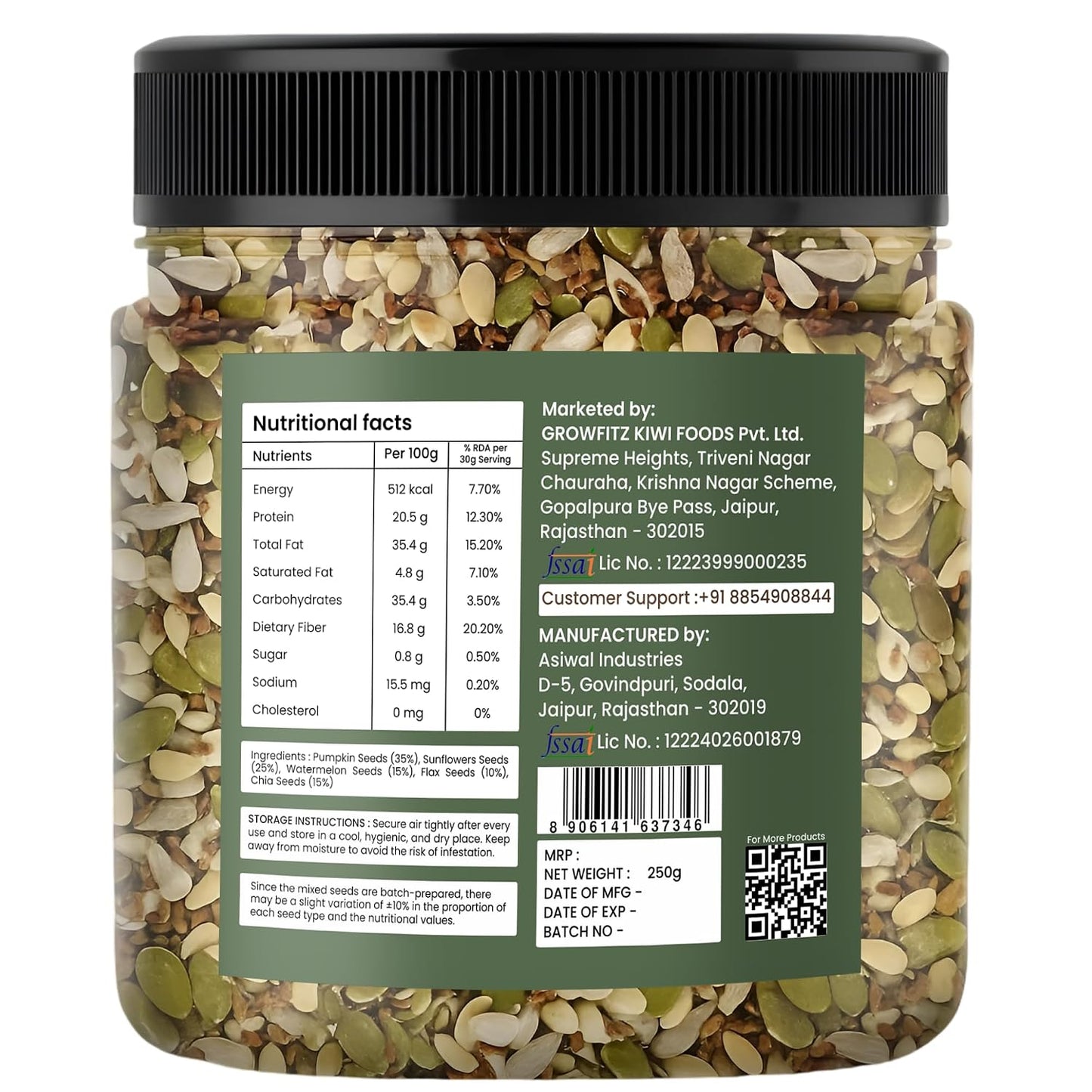 Growfitz 5 -in-1 Super Seed Mix | 250g | 20.5g High Protein & Fiber | Roasted Pumpkin, Sunflower, Flax, Chia, Soy Nuts & Sesame | Healthy Snack | Export Quality Superfood