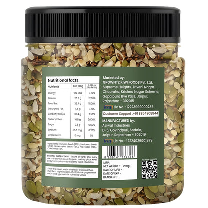 Growfitz 5 -in-1 Super Seed Mix | 250g | 20.5g High Protein & Fiber | Roasted Pumpkin, Sunflower, Flax, Chia, Soy Nuts & Sesame | Healthy Snack | Export Quality Superfood