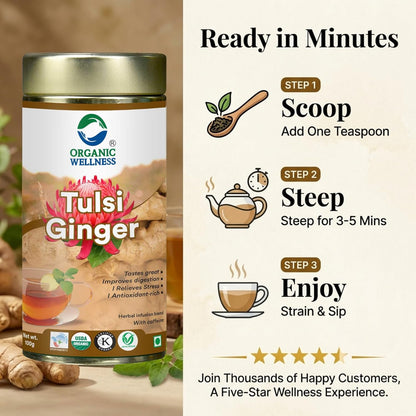 Organic Wellness Tulsi Ginger Herbal Tea 100g Tin | Natural Antioxidant Rich Blend | Supports Digestion | Relieves Stress | Boosts Metabolism | Enhances Immunity | Soothing Refreshing Daily Beverage