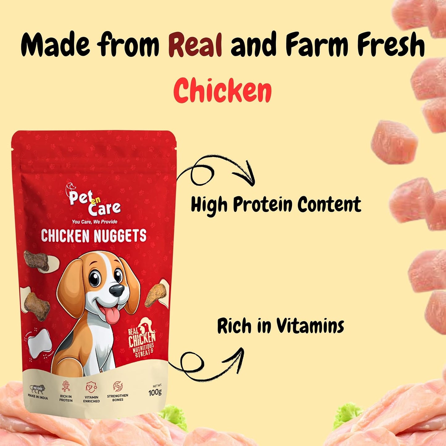 Pet En Care Chicken Nuggets Dog Treats, 100g | Real Chicken | Protein Rich | Vitamin Enriched | All Breed and Sizes, All Life Stages, Dry Food