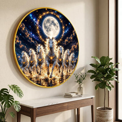 7 Horse Moon Round Wall Painting with Premium PVC Golden Frame, White Running Horses Night Sky Vastu Art for Living Room Office Home Decor Gift (20 x 20 Inch) GRL-443