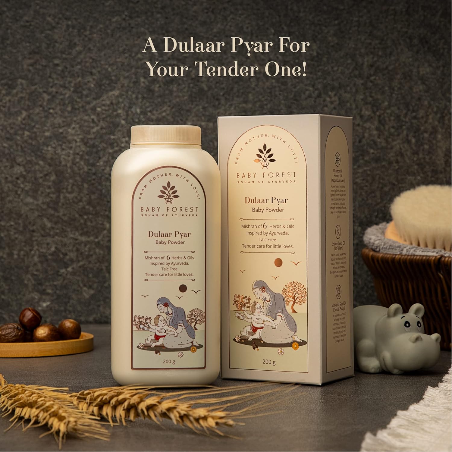 Baby powder bottle and packaging with 'Baby Forest' branding on a dark background.