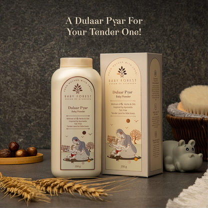 Baby powder bottle and packaging with 'Baby Forest' branding on a dark background.