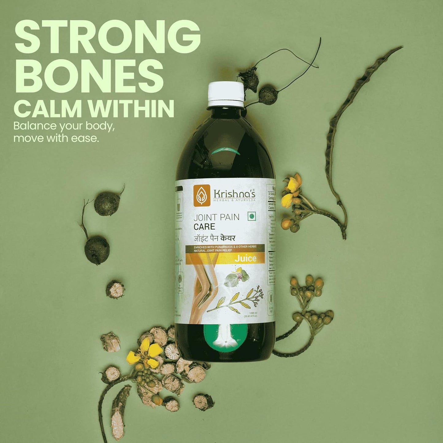 Krishna's Joint Pain Care Juice - 1000 Ml | Natural Pain Reliever |9 Powerful Herbs Like Rasana, Kutaki, Daru Haridra Ashwagandha Strengthens The Muscle