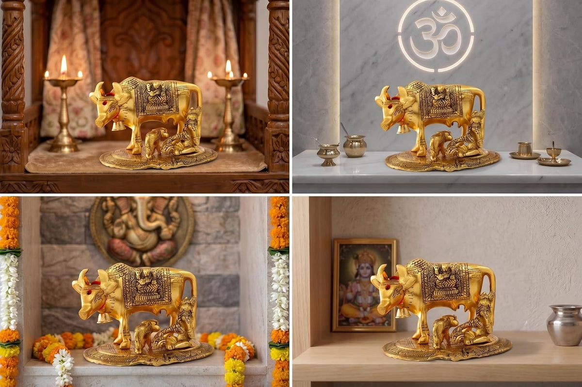 KridayKraft Kamdhenu Cow with Calf & Bal Gopal Krishna Idol, 19 cm Metal Gau MATA Statue for Home Mandir, Pooja Room, Vastu & Religious Gifting, Antique Gold Finish, 910 g