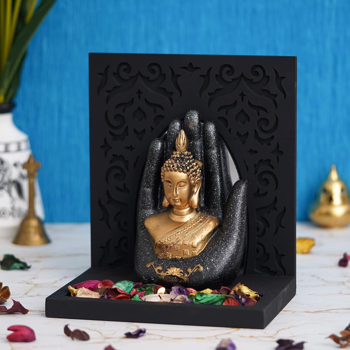 eCraftIndia Grey Golden Resin Palm Lord Buddha Idol Tea Light Candle Holder| Gautam Buddha Statue Tea Light Holder Diwali Decoration Items for Home Decor| Buddha Showpiece Gift for Diwali Housewarming