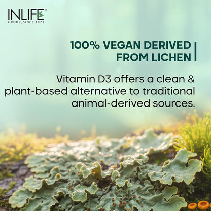 INLIFE Plant Based Vitamin D3 K2 Supplement from Lichen Source with Extra Virgin Cold Pressed Coconut Oil for Bone Health & Immune Support, 600 IU - 60 Vegetarian Capsules (Pack of 1)