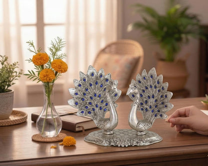 Double Peacock Metal Statue, Lovers Peacock Couple, Animal Showpiece Figurines, Feng Shui as Table Top Figurine for Living Room, Office, Bedroom, Decorative (Silver)