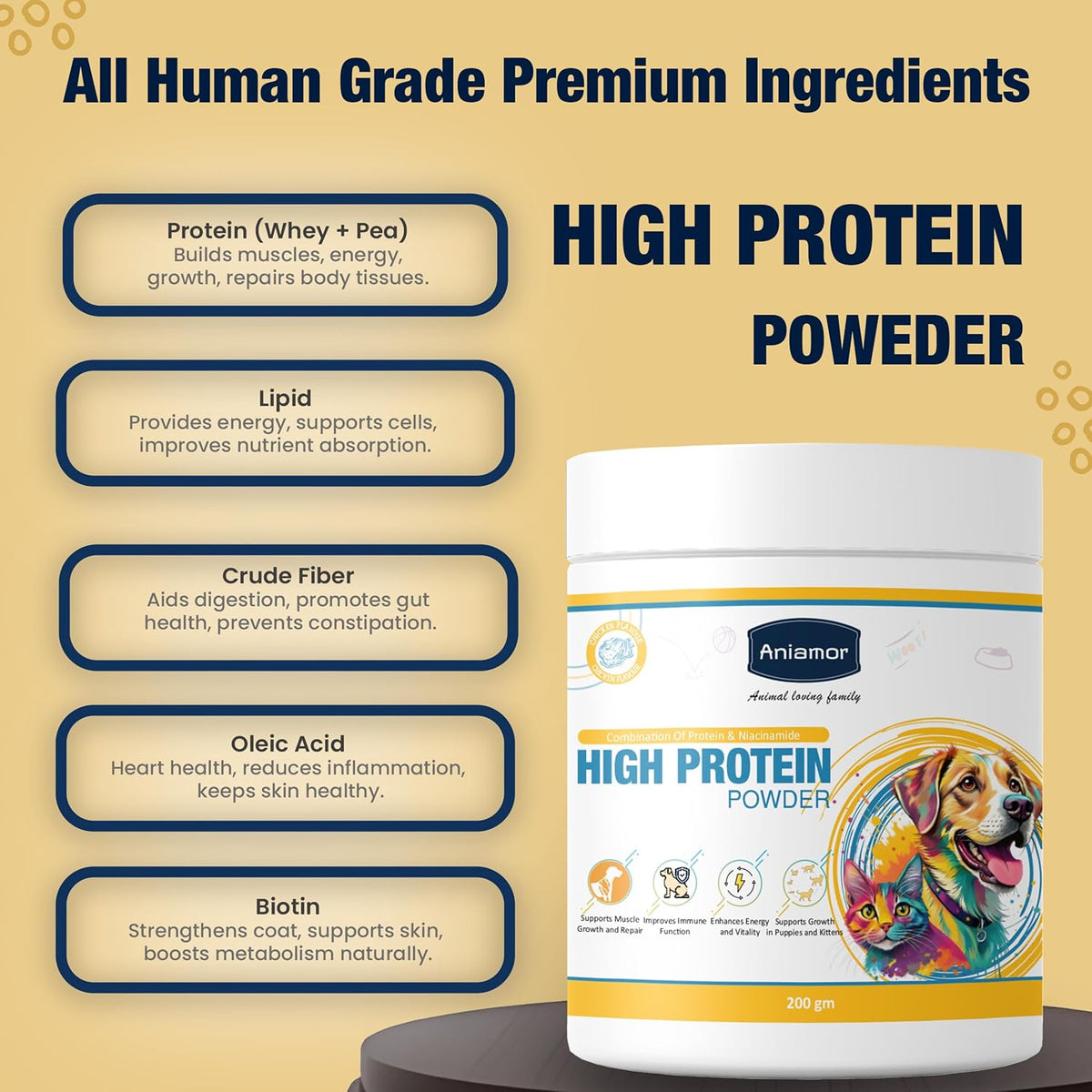 Aniamor High Protein Powder for Dogs and Cats|Weight Management|Pets Supplement|All Life Stage|200gm Jar