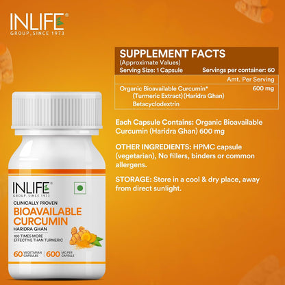 INLIFE Bioavailable Curcumin Capsules | Curcumin Supplement | Clinically Proven Ingredient | Supports Immune Health, 600mg - 60 Capsules (Pack of 1)