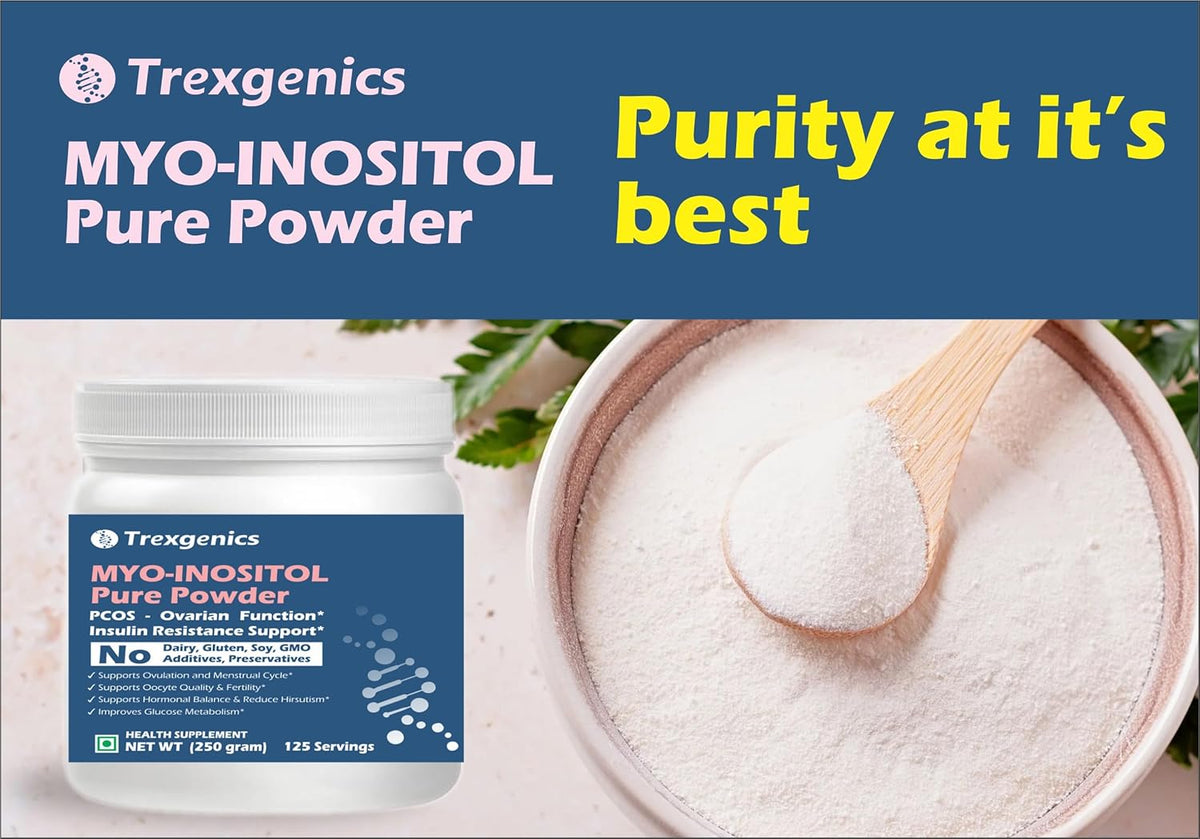 Trexgenics MYO-INOSITOL Pure Powder packaging with a scoop of powder on a white background