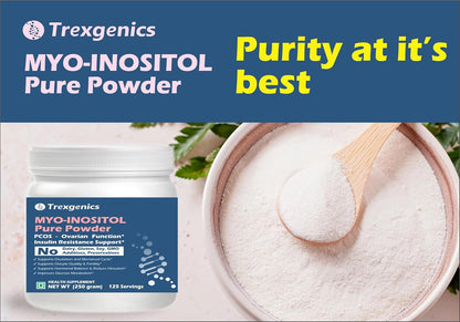 Trexgenics MYO-INOSITOL Pure Powder packaging with a scoop of powder on a white background