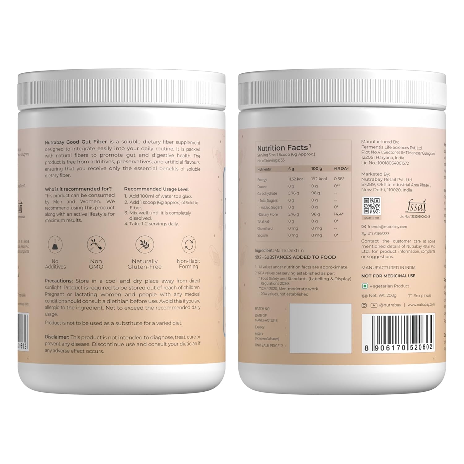Two containers of a dietary supplement with labels showing nutritional information and usage instructions.