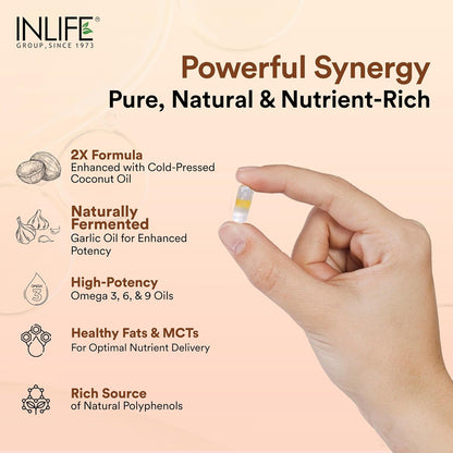 INLIFE Natural Garlic Oil with Coconut Oil Filled Capsules | Extra Virgin Cold Pressed Oil | Helps Support Heart Health, Immunity & Digestion | 60 Vegetarian Capsules
