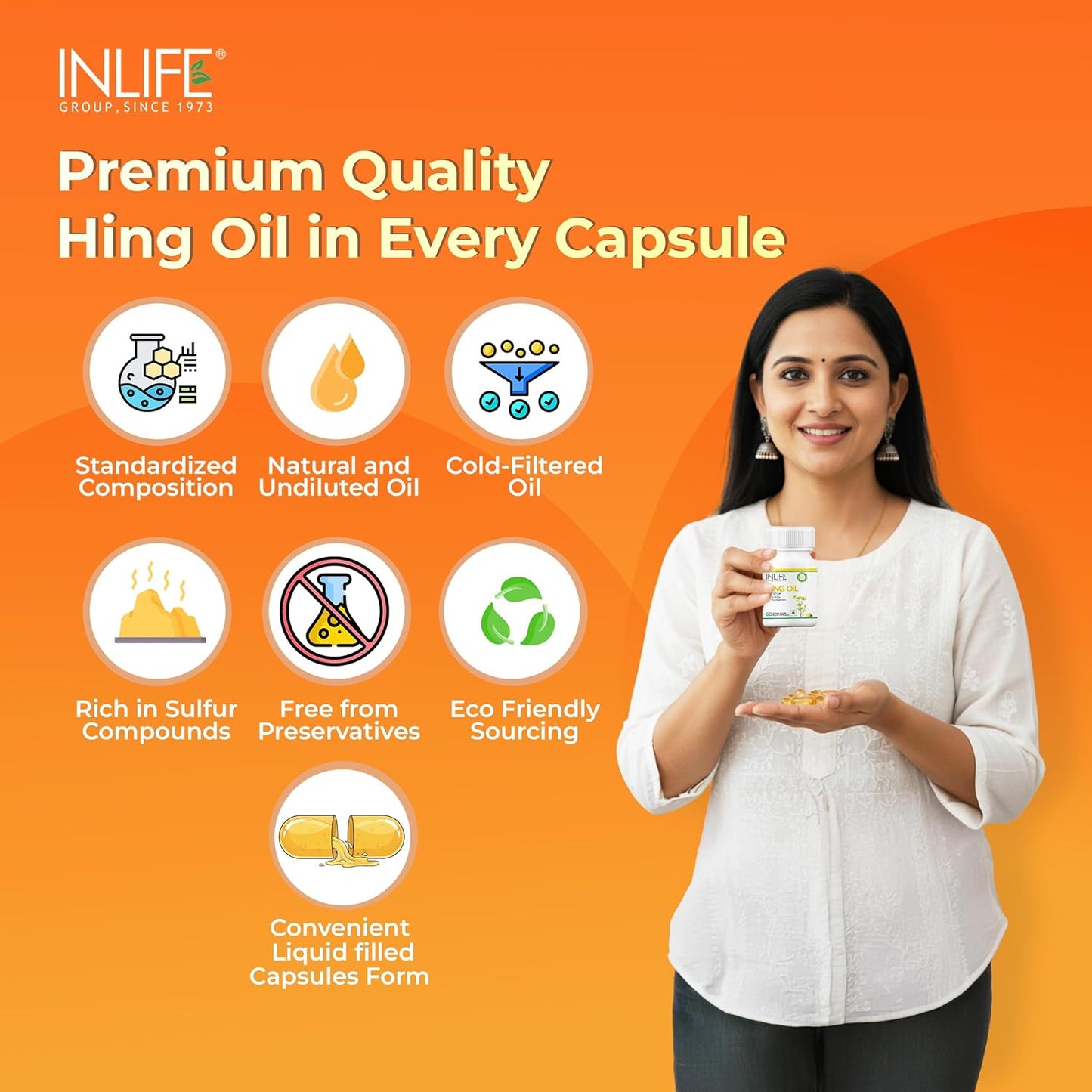 INLIFE Hing Oil Capsule (Asafoetida) | Faster Absorption than Powder | Digestion Support Supplement for Men and Women, 15mg - 60 Liquid Filled Vegetarian Capsules (Pack of 1, 60)