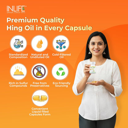 INLIFE Hing Oil Capsule (Asafoetida) | Faster Absorption than Powder | Digestion Support Supplement for Men and Women, 15mg - 60 Liquid Filled Vegetarian Capsules (Pack of 1, 60)