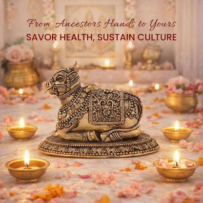 Handcrafted Brass Nandi Murti | Sacred Bull Idol for Shiva Pooja & Home Temple | Traditional Hindu Devotional Statue (Design02: L7 x W4 x H5 cm)