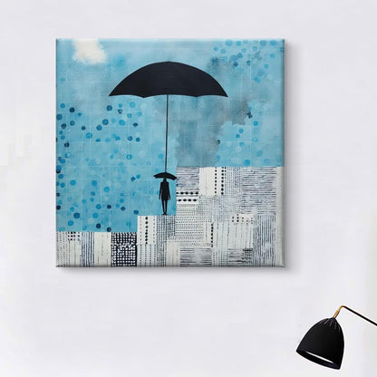 Modern Abstract Wall Art Canvas, Umbrella in Rain Design, Blue and Black, Contemporary Home Decor 16 Inch x 16 Inch CVS-38091