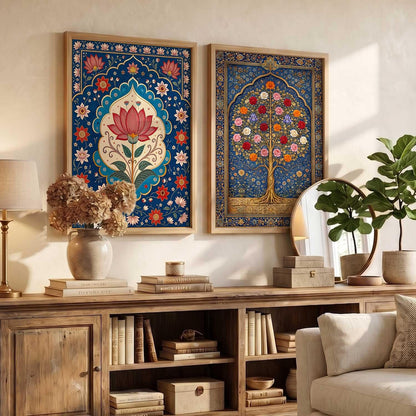 Decorative Indian Traditional Madhubani Wall Art Home Decor Painting poster With Frame For Living Room Bed Room Hotel Wall Decor Digital Reprint Set of 2 (13X17 inch)