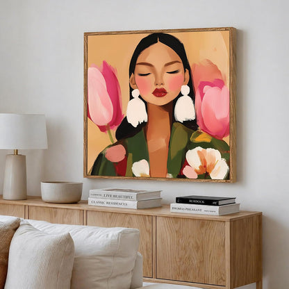 Botanical Woman Portrait Framed Painting For Living Room | Modern Floral Abstract Large Canvas Painting With Frame Wall Art For Bedroom, Hallway's, Office, Hotel, Size 58x58 cm