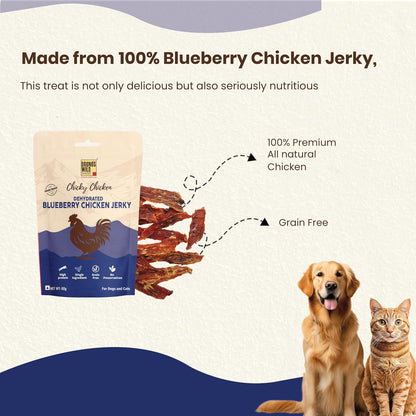 Brunos Dehydrated Blueberry Chicken Jerky - 60g |Treat for Dogs & Cats|Grain Free Natural Treats|Single Ingredient|Preservative Free|Immunity Boost Formula | Healthy Snack for Pets