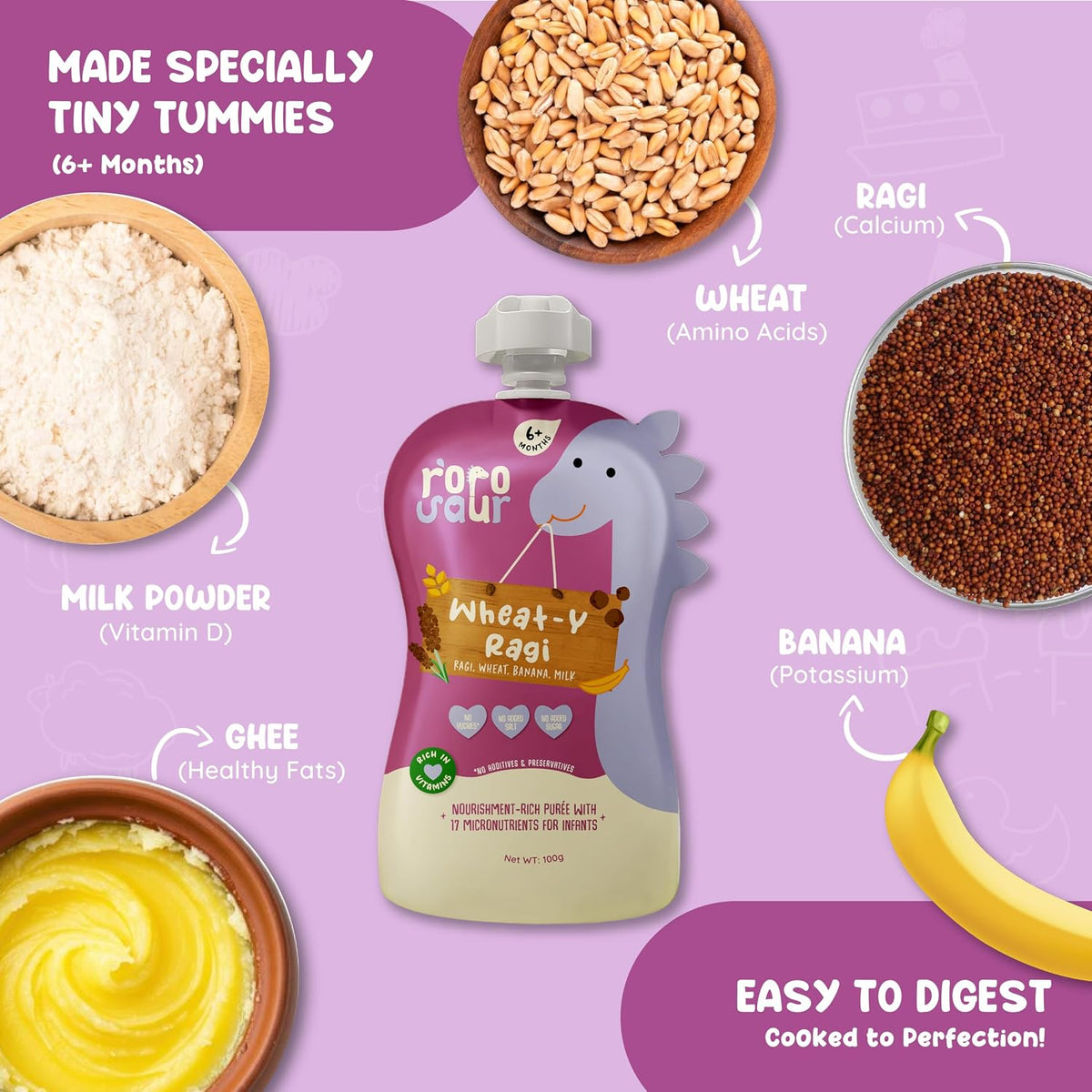Rorosaur Ready to Eat Wheaty Ragi Baby Food Puree Pouch 100g each, Pk of 2 | Made with Ragi, Wheat, Banana Porridge for 6+ Months Baby | Easy to Digest, 100% Natural Healthy, No Preservatives, No Sugar