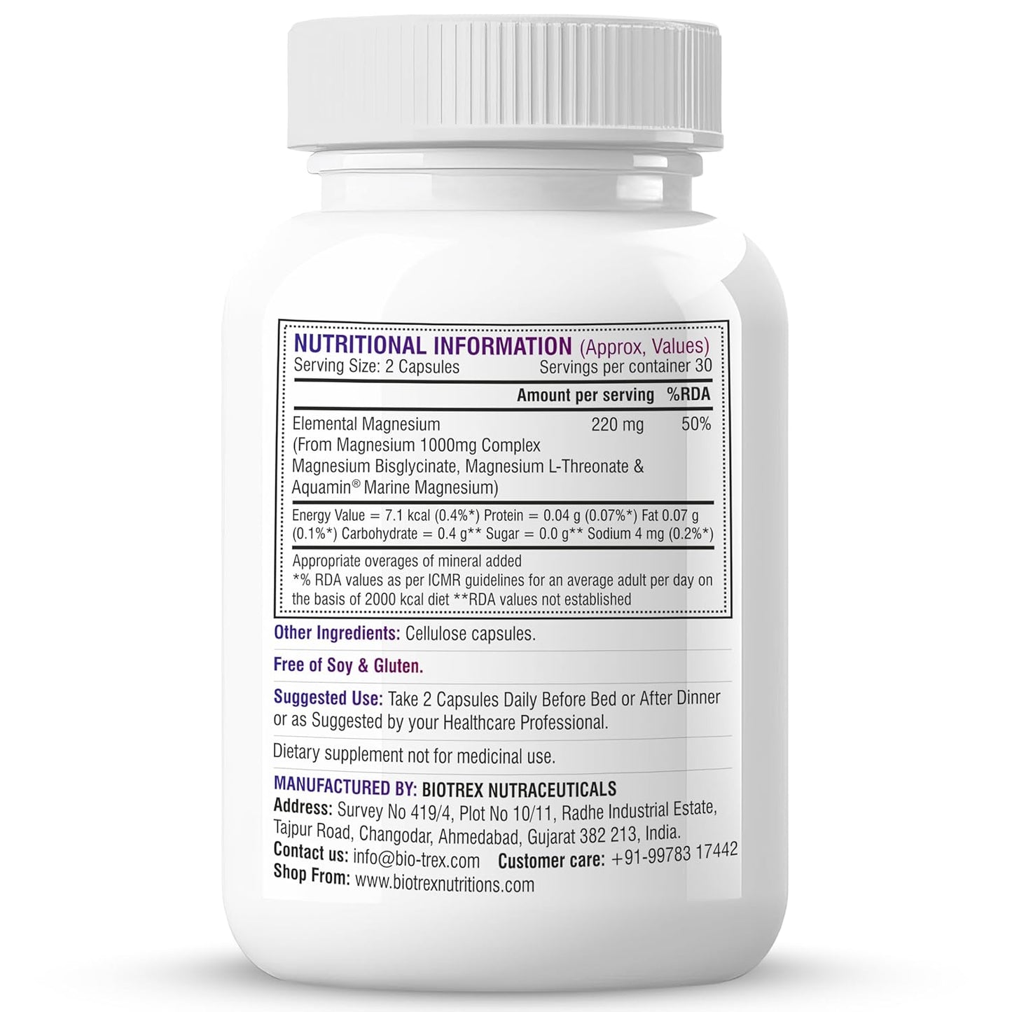 Biotrex Nutraceuticals Trio Magnesium Complex Enriched With Magnesium L- Threonate, Aquamin Citrate & Magnesium Glycinate, Highly Bioavailable Forms of Magnesium, Supports Healthy Nerve & Brain Health, Supports Healthy Sleep - 60 Veg Capsules