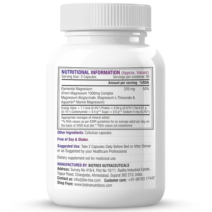 Biotrex Nutraceuticals Trio Magnesium Complex Enriched With Magnesium L- Threonate, Aquamin Citrate & Magnesium Glycinate, Highly Bioavailable Forms of Magnesium, Supports Healthy Nerve & Brain Health, Supports Healthy Sleep - 60 Veg Capsules