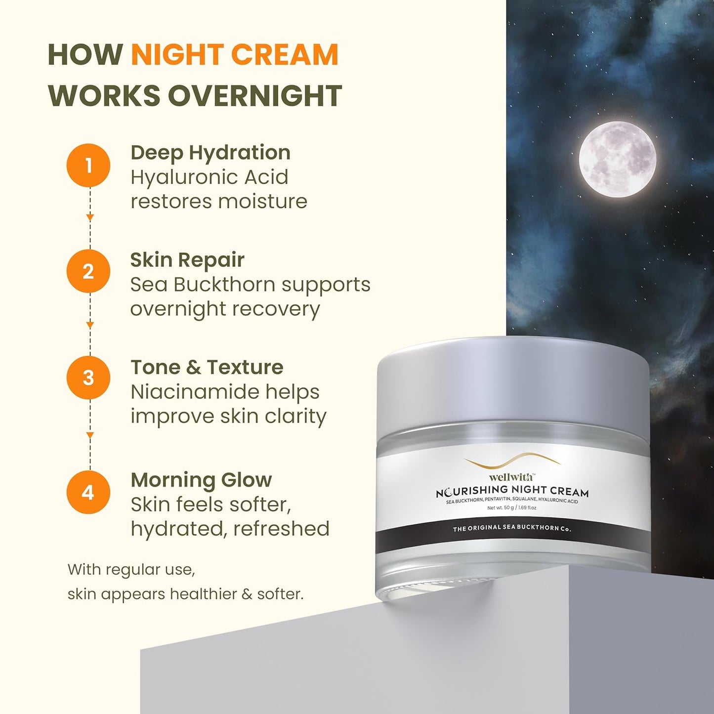 Wellwith by Ayuzera Nourishing Night Cream with SPSH with Hyluronic Acid and Sea Buckthorn Berry (50ml, Pack of 1)