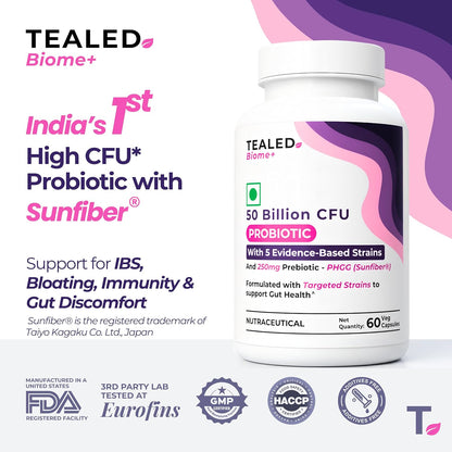 Tealed Probiotic 50 Billion CFU | 5 Targated Strains + Sunfiber® (PHGG) | Japanese Clinical Prebiotic | Supports Constipation, IBS, Immunity, Gut Health & Bloating | For Men & Women | 60 Veg Caps