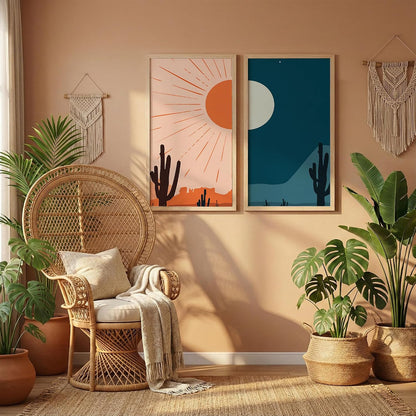 Minimalist Desert Wall Art Set of 2, Sun & Moon Cactus Landscape Prints with Wooden Frames, Boho Neutral Scandinavian Decor for Living Room, Bedroom & Office (10x19 Inch, Art-11)
