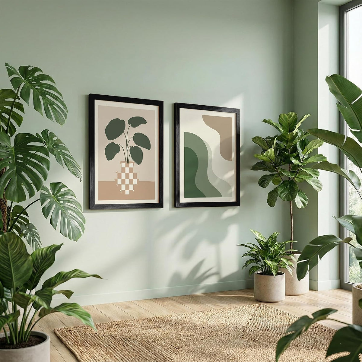Modern Abstract Botanical Wall Art Set of 2, Minimalist Green Plant Prints, Neutral Beige Framed Wall Decor with Wooden Frames for Living Room, Bedroom & Office