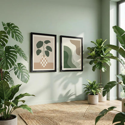 Modern Abstract Botanical Wall Art Set of 2, Minimalist Green Plant Prints, Neutral Beige Framed Wall Decor with Wooden Frames for Living Room, Bedroom & Office