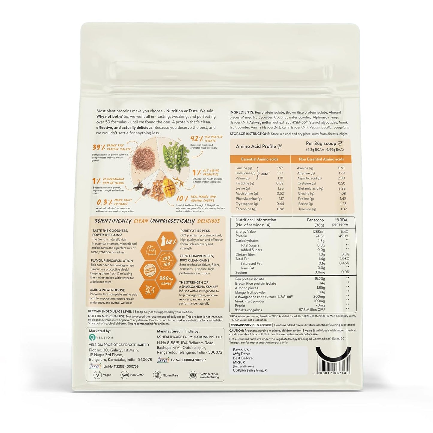 Happy Cultures Plant Protein 505g | 24g Vegan Protein with Alphonso Mango, Almond & Ashwagandha | Probiotics, No Added Sugar, Dairy Free, Easy to Digest