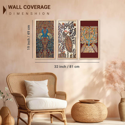 Indian Traditional Art Wall Painting Madhubani Home Decoration With Frame For Living Room Bed Room Hotel Wall Decor Digital Reprint Engineered Wood Set of 3 (Art 11, 10x19 inch)