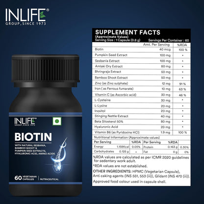 INLIFE Biotin Supplement for Hair | Sesbania, Bamboo Shoot, Bhringraj, Zinc, Vitamin C | for Women Men - 60 Vegetarian Capsules (Pack of 1, 60)