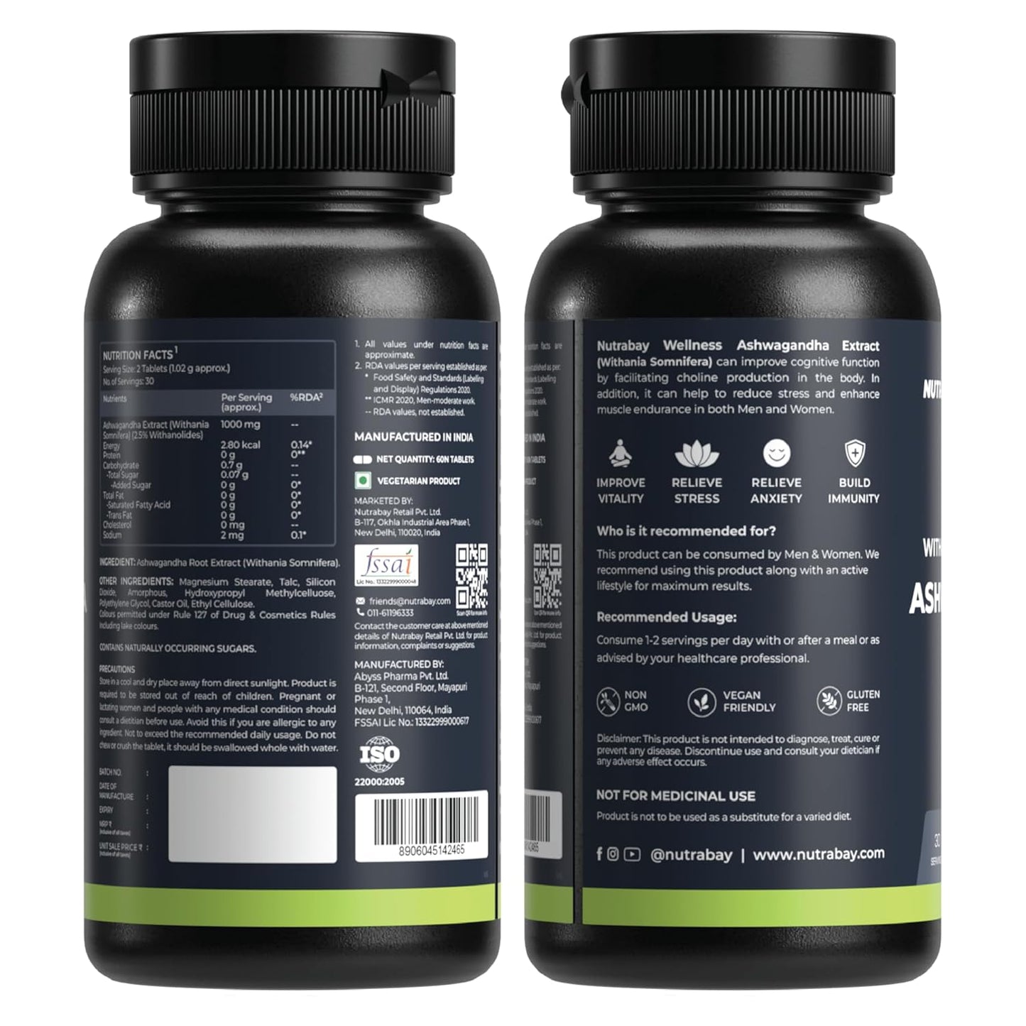 Two black supplement bottles with labels on a white background