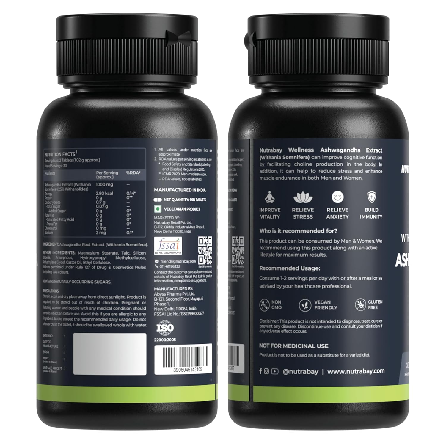 Two black supplement bottles with labels on a white background