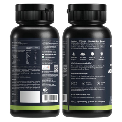 Two black supplement bottles with labels on a white background