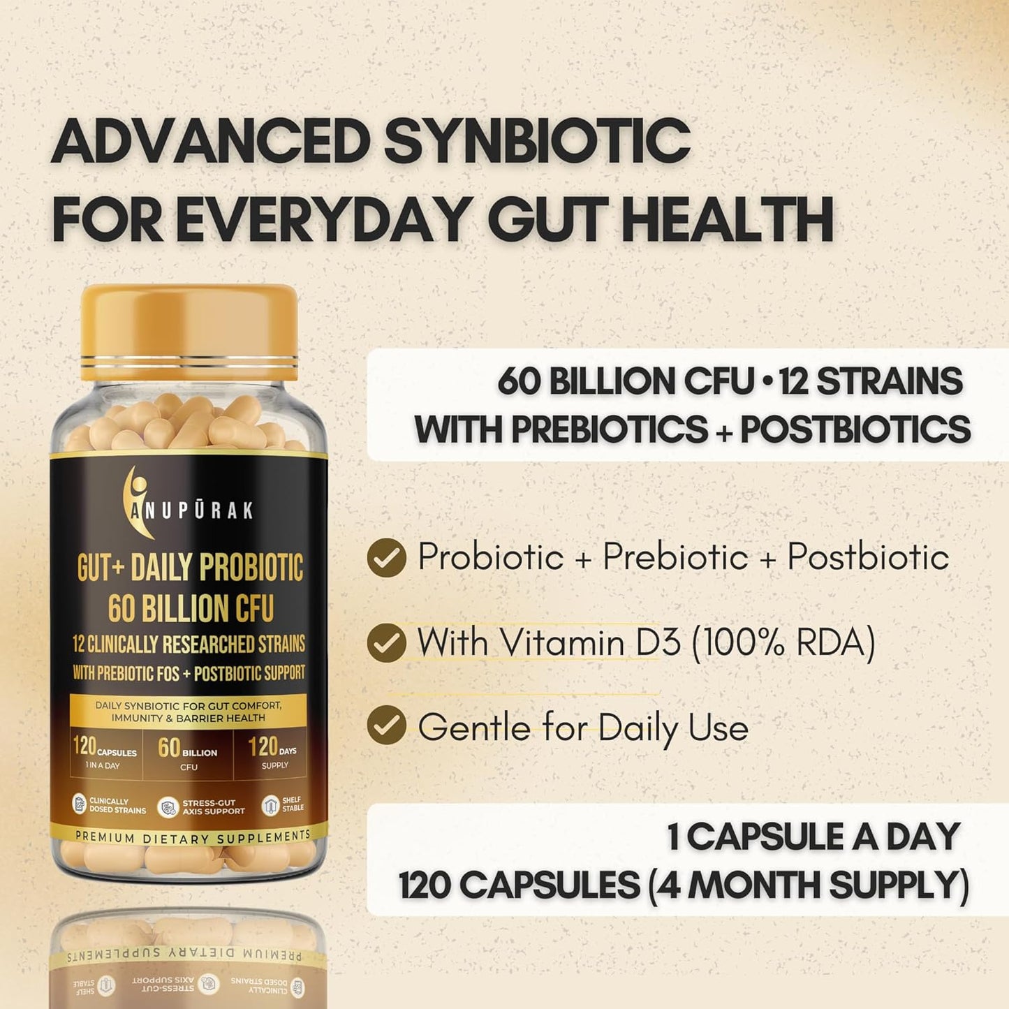 ANUPURAK Gut Health Probiotic 60 Billion CFU — 12 Strains Synbiotic | Postbiotic + FOS & GOS Prebiotics | Supports Digestion, Gut Flora & Immunity | Daily Gut Balance Supplement | 120 Capsules (120 Days)