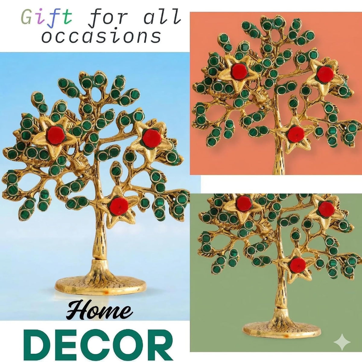 Metal Kalpavriksha Tree for Home Decor - Golden Wish Fulfilling Tree Metal Showpiece for Temple, Vastu, Office Table & Gifting Banyan (No 1 Golden with Stone)