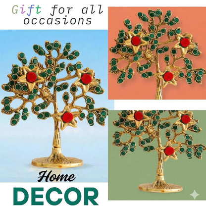 Metal Kalpavriksha Tree for Home Decor - Golden Wish Fulfilling Tree Metal Showpiece for Temple, Vastu, Office Table & Gifting Banyan (No 1 Golden with Stone)