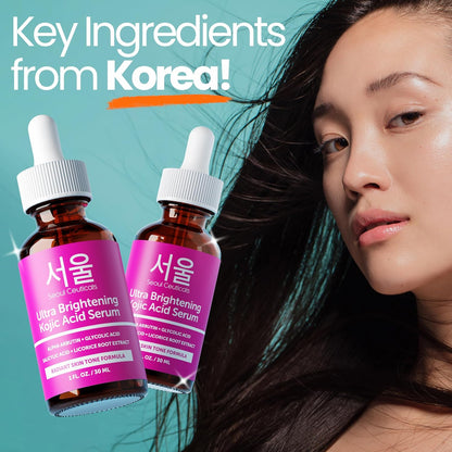SeoulCeuticals Korean Skin Care Kojic Acid Serum Alpha Arbutin – Dark Spot Remover Corrector Glycolic Acid + K Beauty 1oz