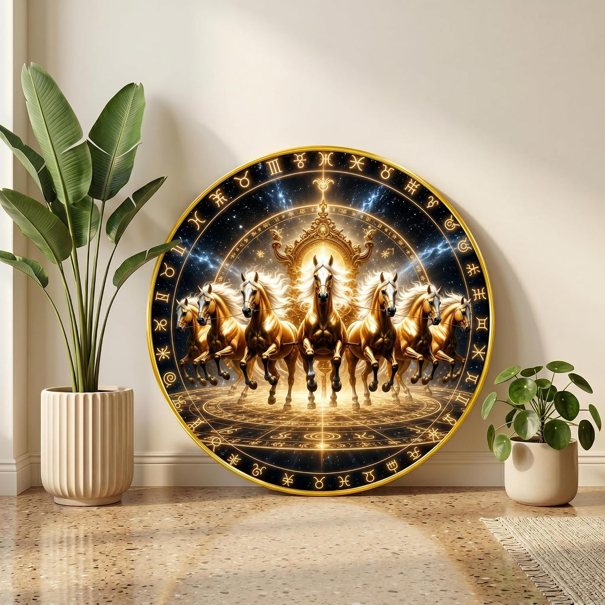 Om Golden Horse Vastu Round Wall Painting with Premium PVC Golden Frame, Zodiac Chakra Spiritual Art for Living Room Office Home Decor Gift (20 x 20 Inch) GRL-444
