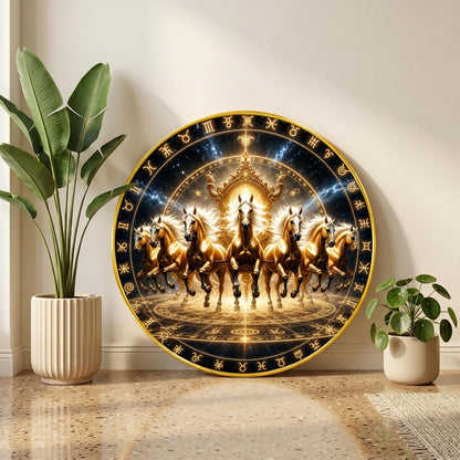 Om Golden Horse Vastu Round Wall Painting with Premium PVC Golden Frame, Zodiac Chakra Spiritual Art for Living Room Office Home Decor Gift (20 x 20 Inch) GRL-444