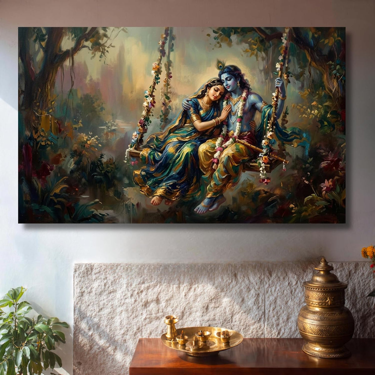 Artistic Premium Radha Krishna Canvas Painting for Living Room | Radha Krishna painting for wall Big Size | Spiritual Vastu Home Decor | Radha Krishna jhula wall painting for Bedroom | Hindu God Large Canvas Wall Painting (36 X 24 INCH, Unframed - LARGE)